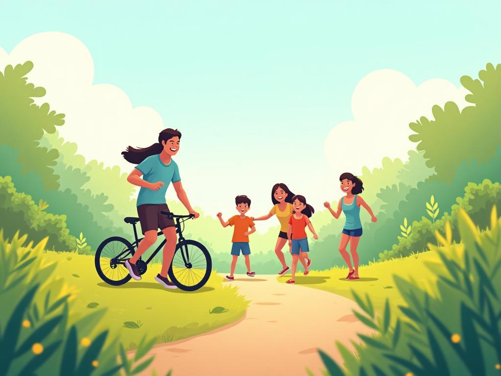 Ilustrasi keluarga Indonesia beraktivitas sehat di alam terbuka